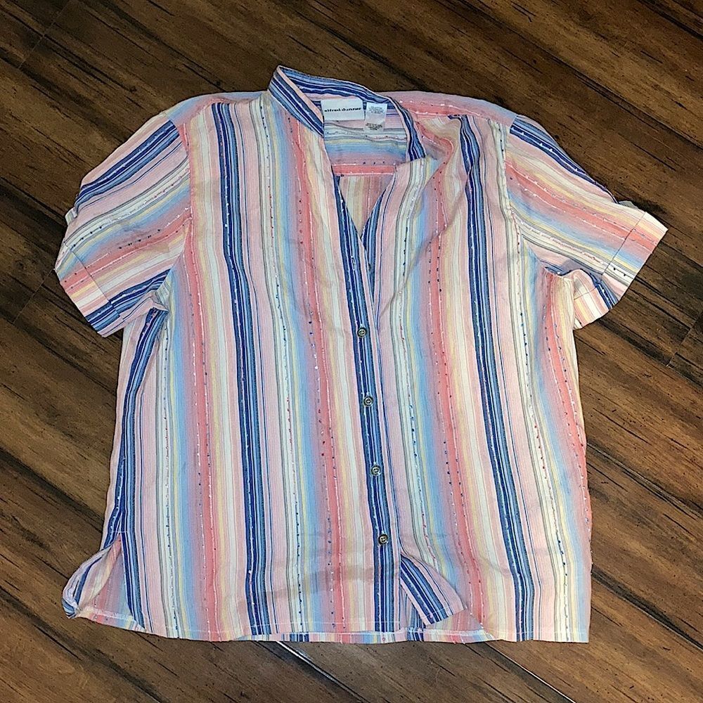 Alfred Dunner Size 12 Blue and Pink Striped Ribbon Adorned Button Down Blouse